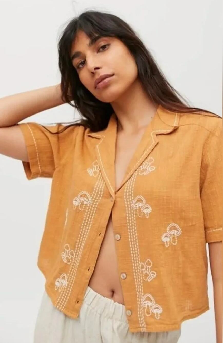 Urban Outfitters Bowie Vacation Embroidered Mushroom Button-Down Shirt